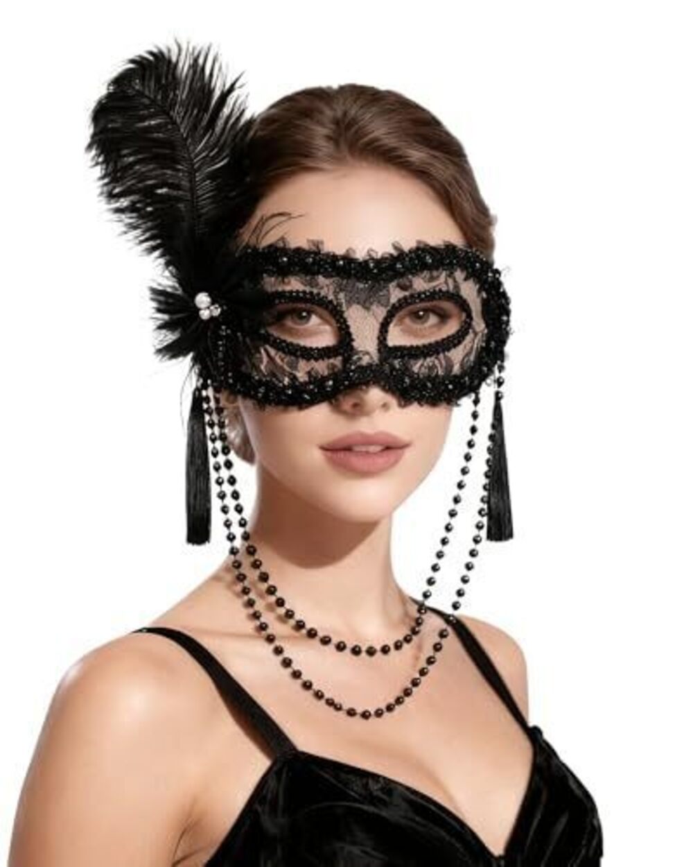 8178 Black Masquerade Mask - Feather Venetian Masks with Pearl Tassels
